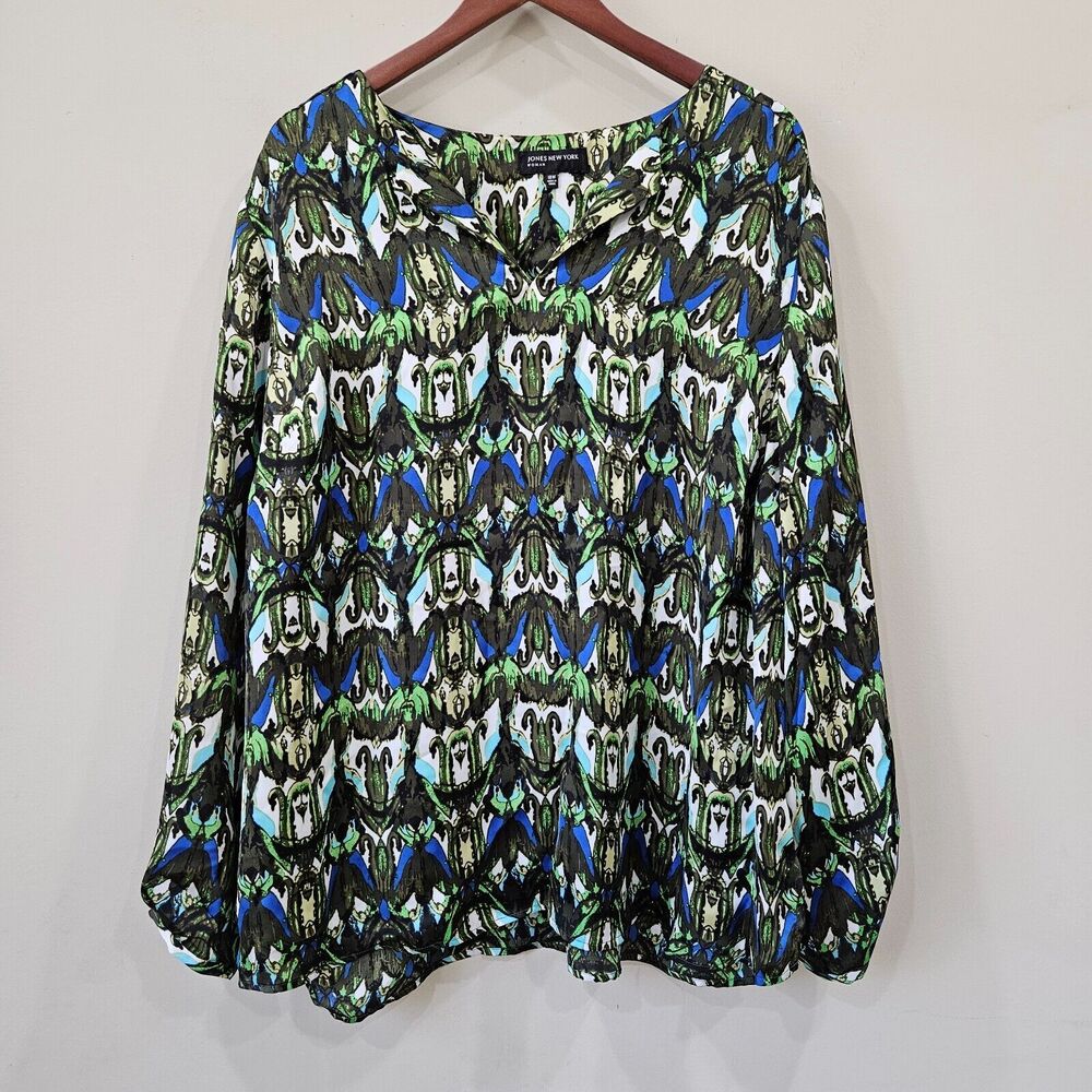 Jones New York Womens Satin Popover Top Plus Size 18W Green Black Silky Artsy